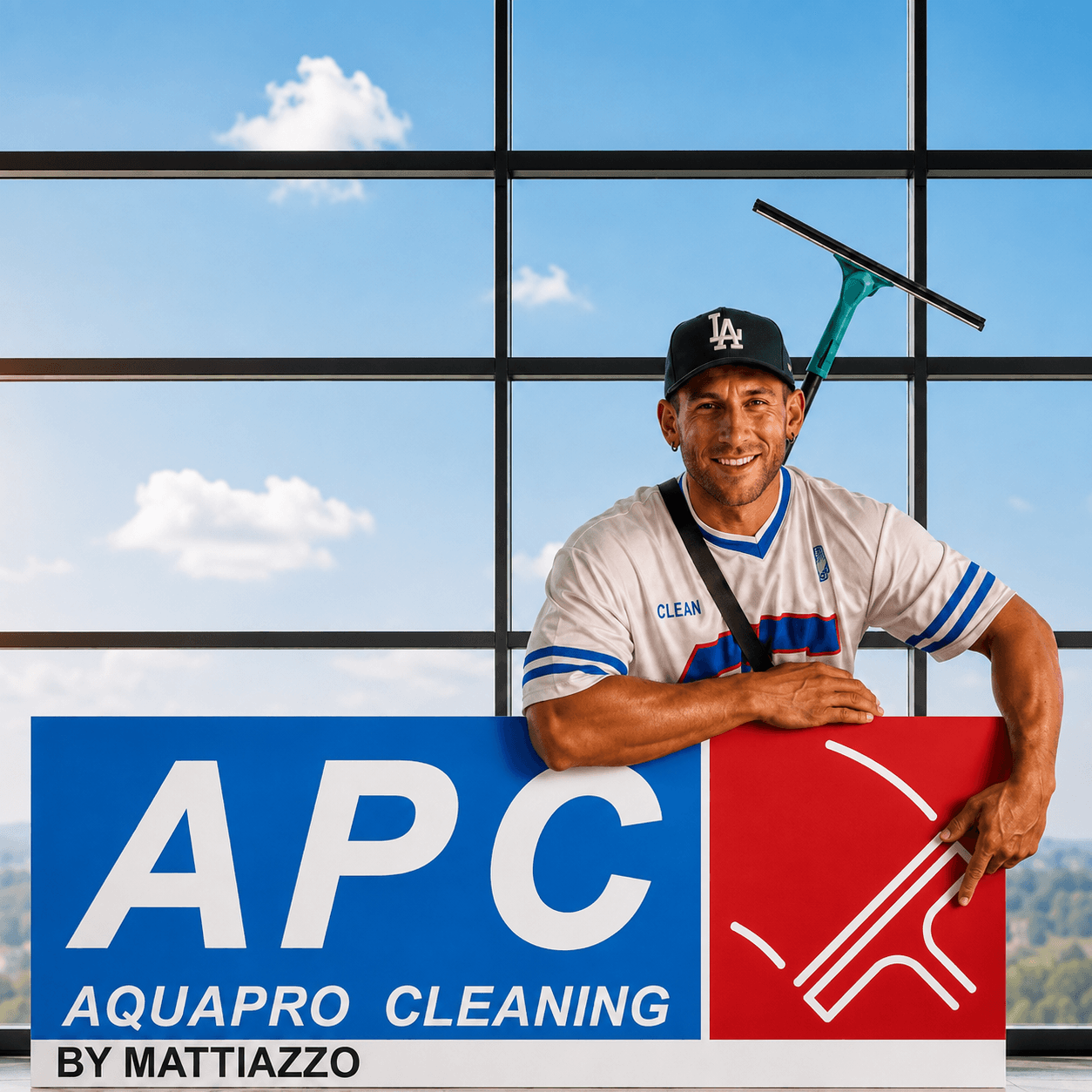 Joel Mattiazzo, Inhaber von AquaPro Cleaning, mit Abzieher vor einer grossen Glasfassade